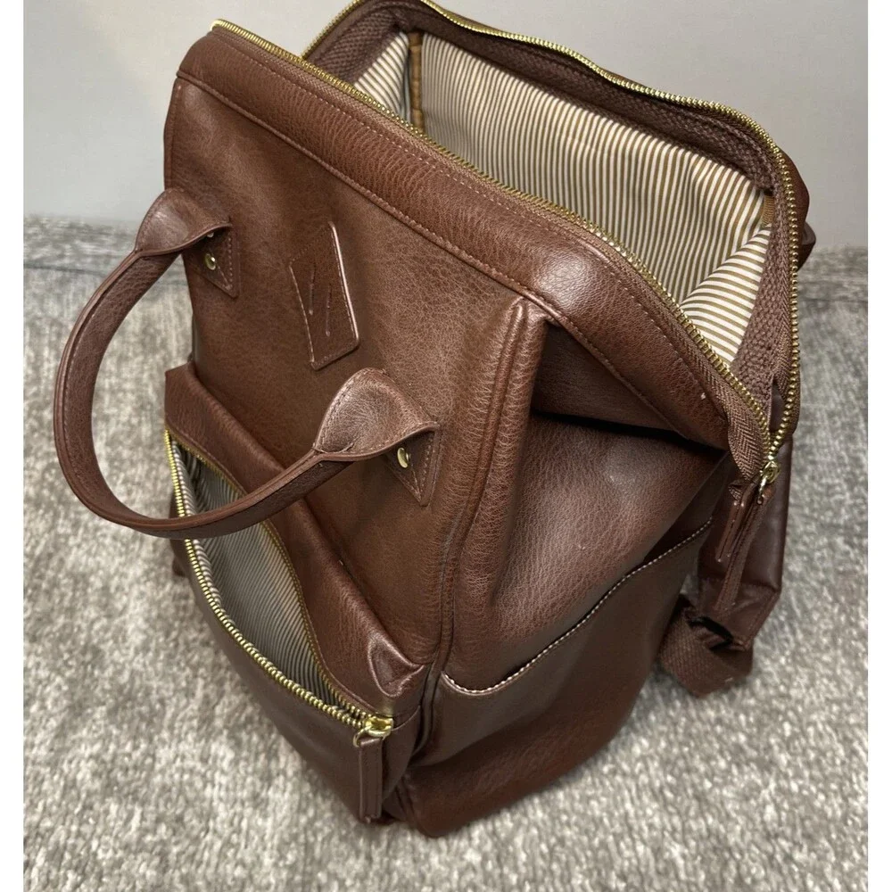 Brown Faux Leather Doctor Bag Backpack Wide Opening Rucksack Travel Work Baby